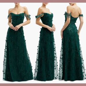 NEW Dessy Collection [ 2 ] 10718 3D‎ Embroidered Off the Shoulder Gown Evergreen